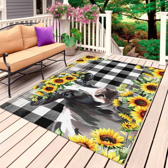 Farmhouse Cow Outdoor Rug for Patio/Deck/Porch, Non-Slip Large Area Rug 4 x 6 Ft, Pastoral Sunflower Botanical Black Plaid Indoor Outdoor Rugs Washable Area Rugs, Reversible Camping Rug Carpet Runner