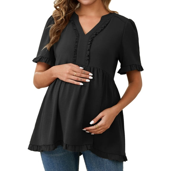 DARING DIVA Women's Boho Ruffled V Neck Short Sleeve Maternity Tops S Black