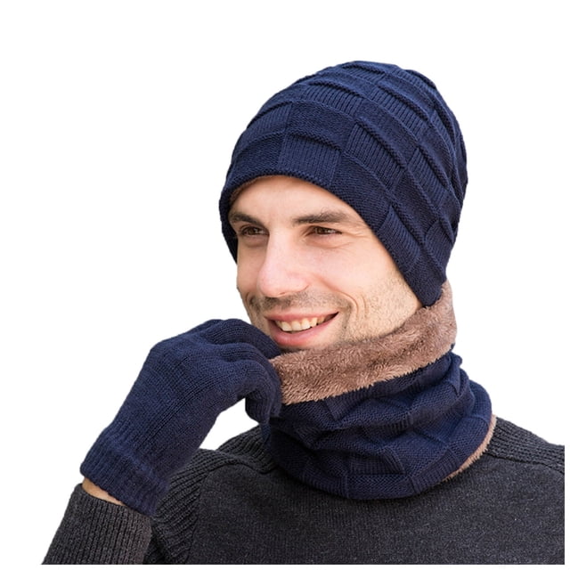 Men's Winter Knitted Hat Windproof Warm Three-Piece Set Scarf Gloves Hats for Cold Weather