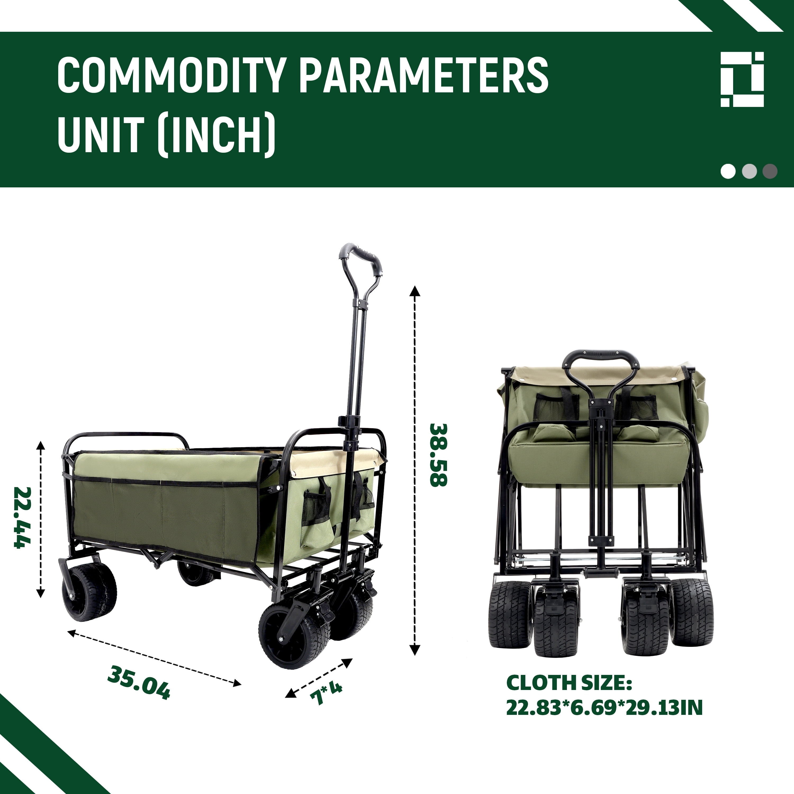 Yoneston 440LBS Collapsible Wagon Cart, Portable Heavy Duty Utility Wagon with 3pcs Plastic Liner Cover Bag for Camping, Picinc, Shopping, Beach, Grocery Transport, Green