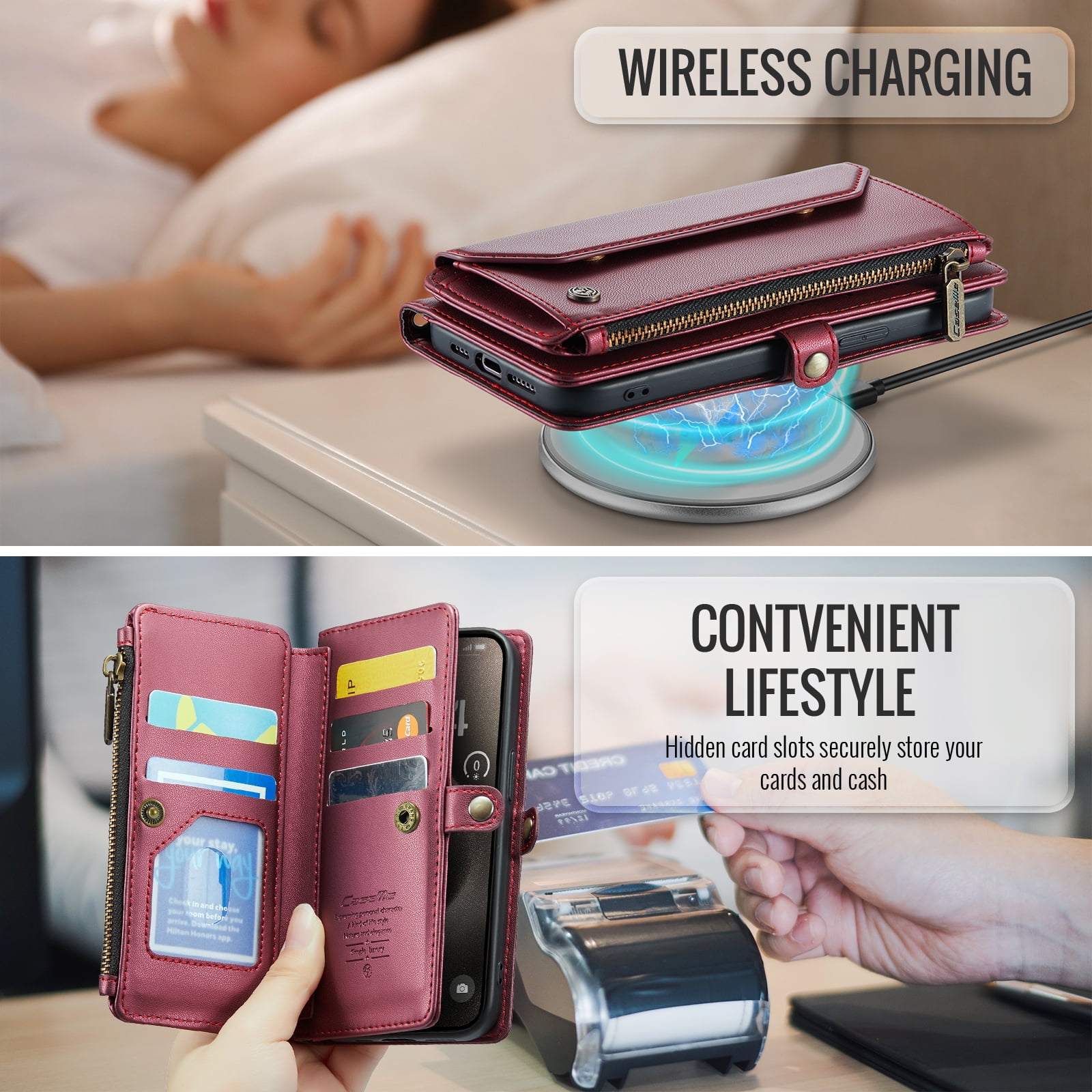 ShellTech Crossbody Wallet Women Men Case for iPhone 7/8/SE 2nd/3rd Gen,Magnetic Leather Flip Case RFID Blocking 7-Card Holder Zipper Wallet Cash Pocket Stand Cover with Shoulder Wrist Strap,Winered