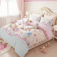 thumbnail image 1 of JOLUSERE Cartoon Pink Beige Comforter Twin Set，2-Pieces Bunny Kitten Pattern Bedding Set for Kids, 1 of 8