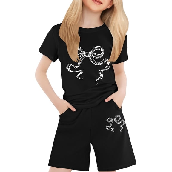JAJAHO Girls Summer Clothes 2 Piece Outfits Short Sleeve Bow Print T Shirt And Shorts Set Soft Comfortable Casual Playwear For Kids 2-13 Years