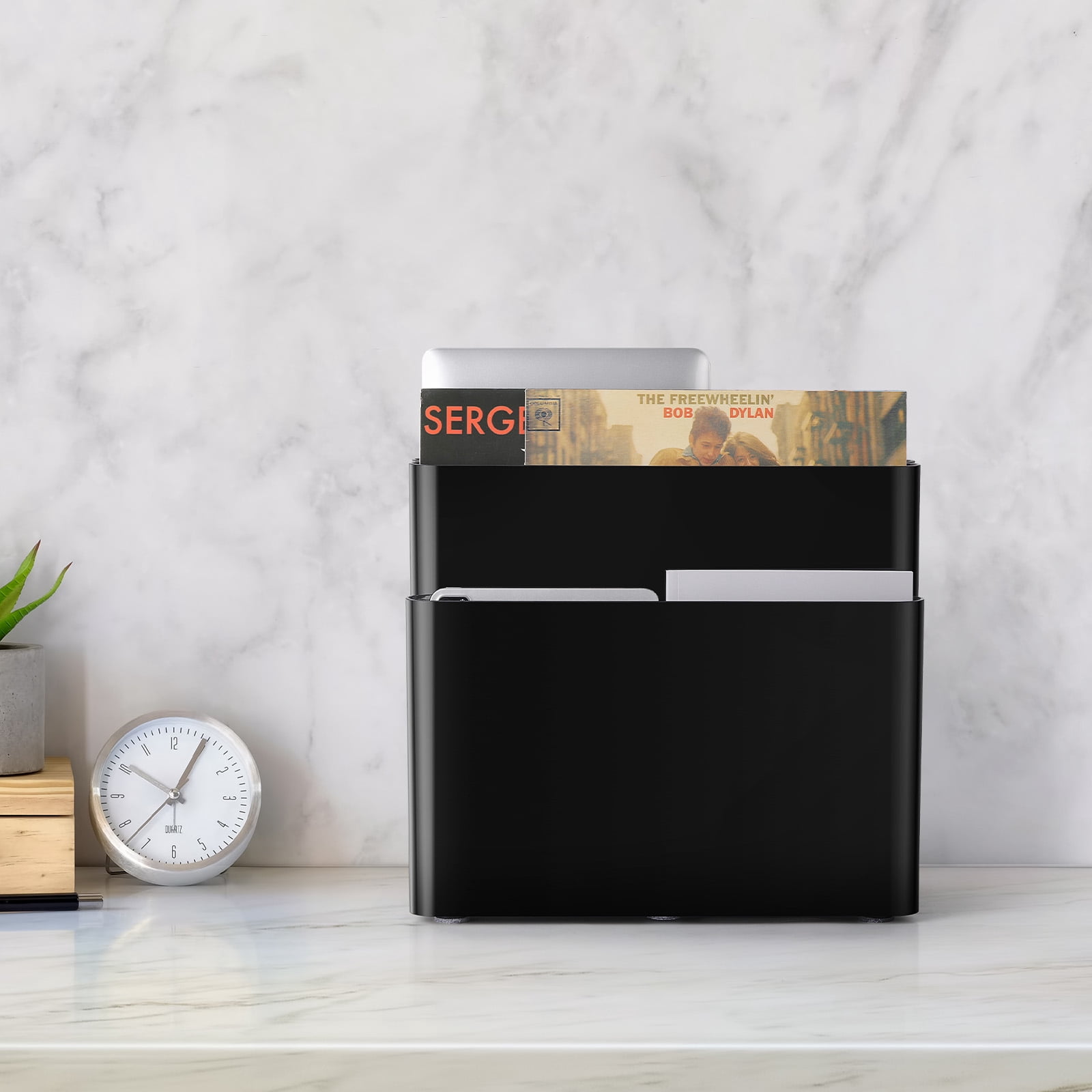 Freestanding Four Pocket Plastic Magazine Rack File Holder, Black