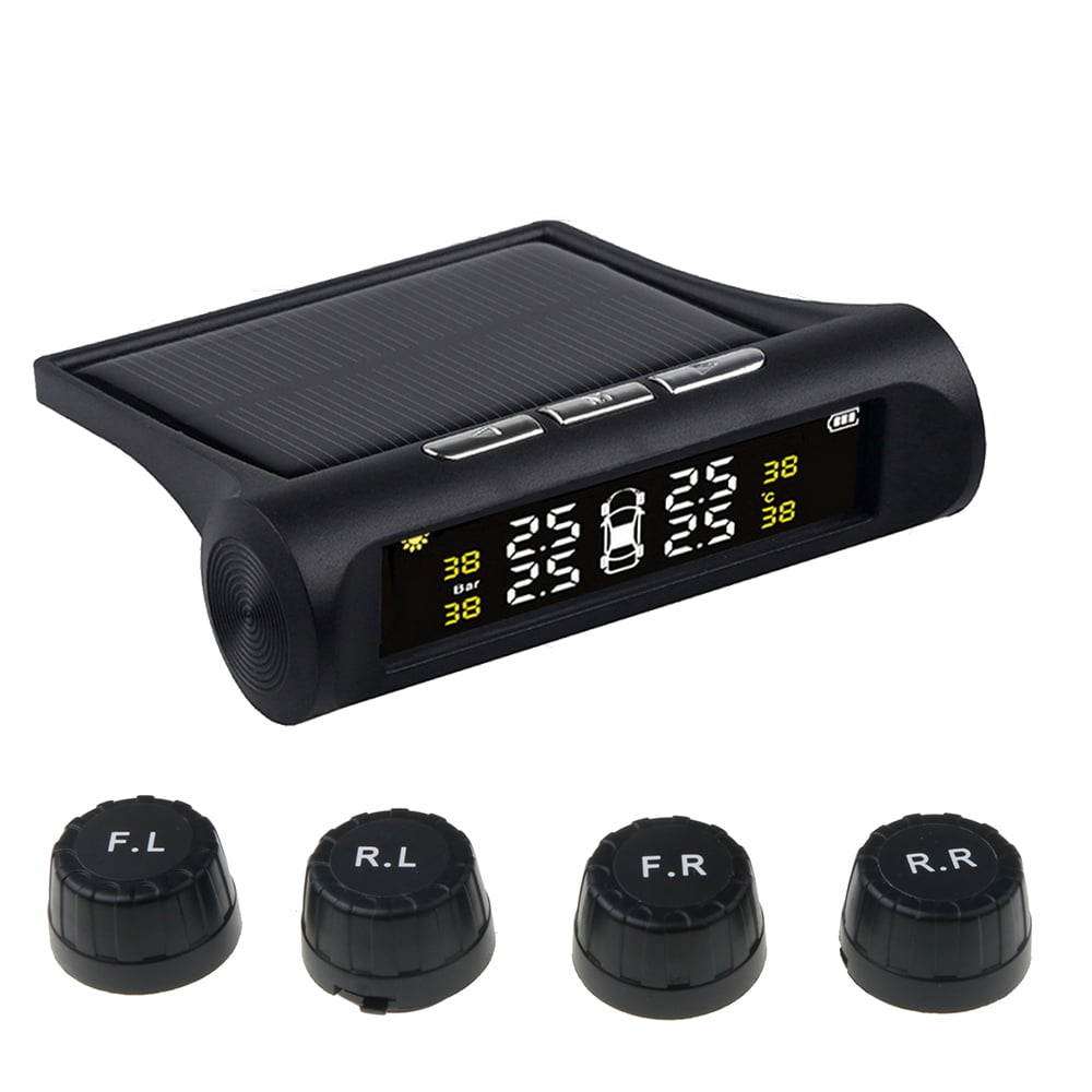 TPMS Tyre Pressure Monitor,Solar Energy and USB Rechargeable,Wireless Tyre Pressure Monitoring System with LCD Display & 4 Waterproof External Sensor Tire Pressure Auto Alarm System 