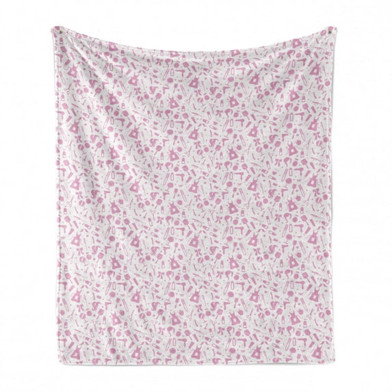 Feminine Soft Flannel Fleece Blanket, Beauty Accessories Hairdresser Mirror Barber Mirror Salon Shave on Polka Dots, Cozy Plush for Indoor and Outdoor Use, 60" x 80", Baby Pink White, by Ambesonne