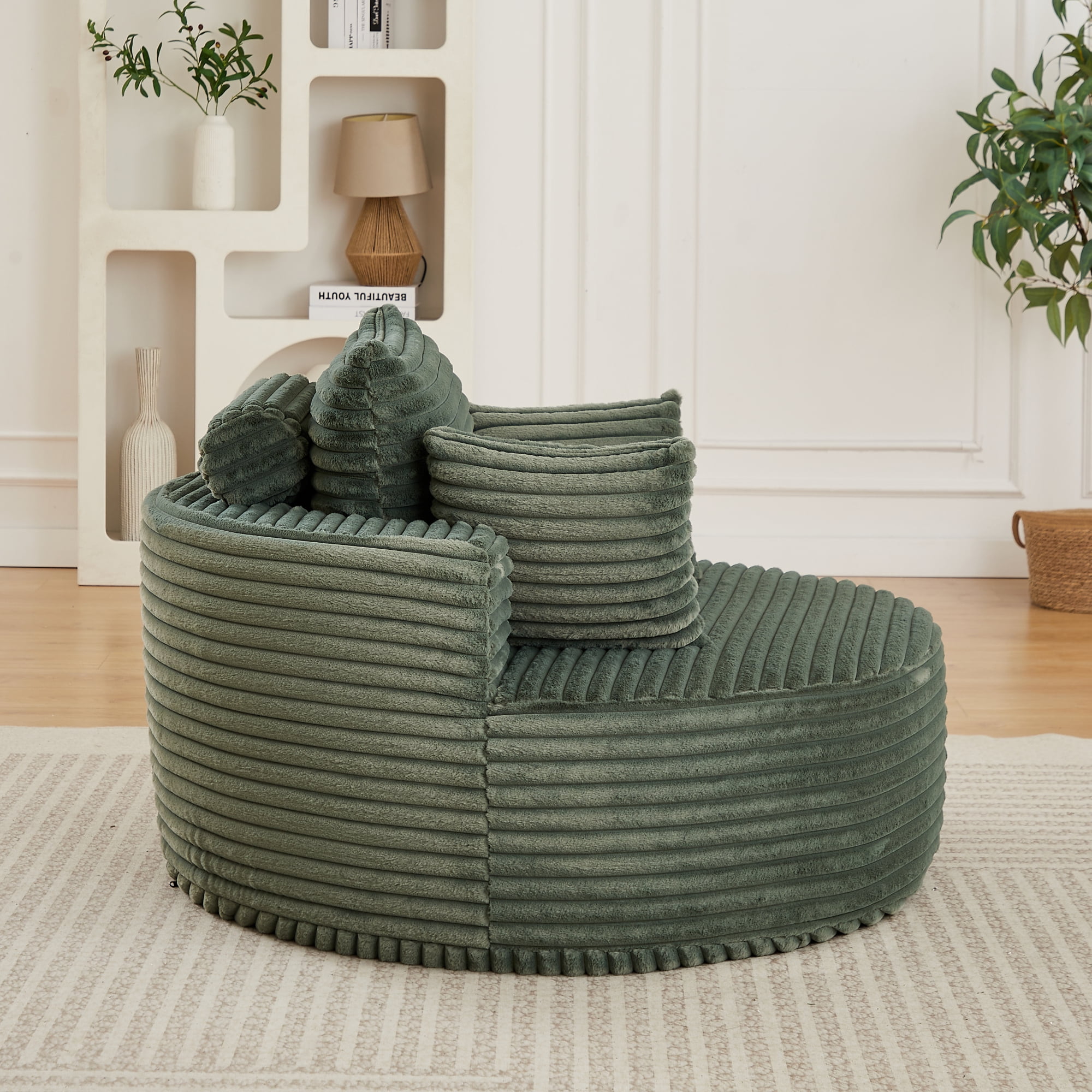 Leumius Oversized Round Chair Lounge Chaise Indoor,50" Upholstered Corduroy Deep Seat Single Cloud Sofa Chair, Fluffy Modern Large Circle Boneless Sleeper Sofa for Living Room, Bedroom,Green