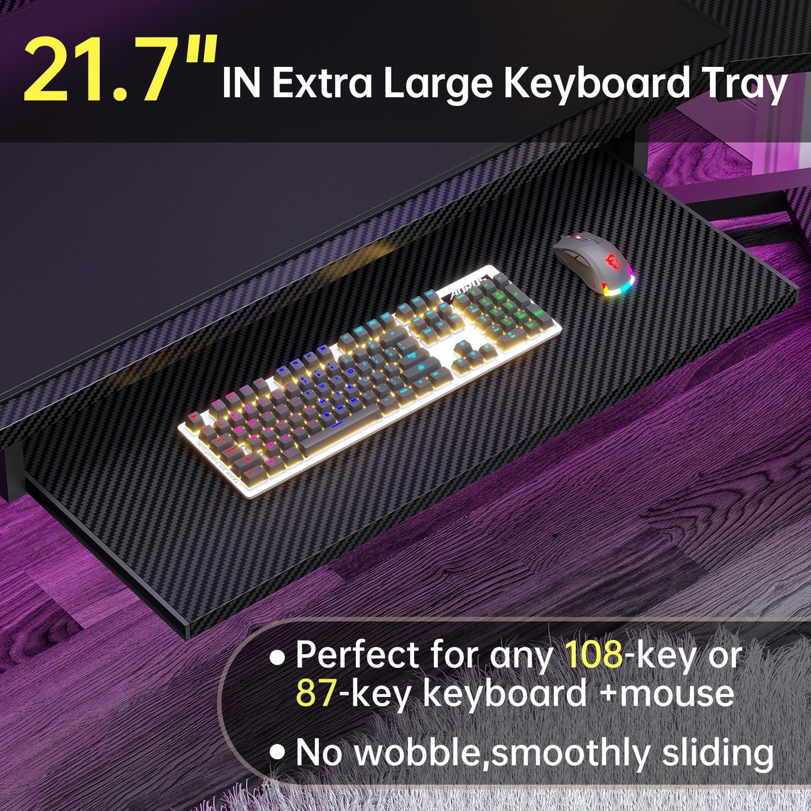 79" Gaming Desk, Computer Desk with 2 Fabric Drawers & LED Light, L Shaped Gaming Desk with Storage Shelf for Home Office, Carbon Fiber Black