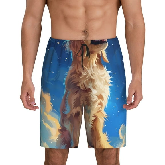 Tideii Starry Sky Cloud Dog Print Men's Short Pajama Pants, Elastic Pocket Summer Pajama Pants Sleepwear, Lounge Pants-Small