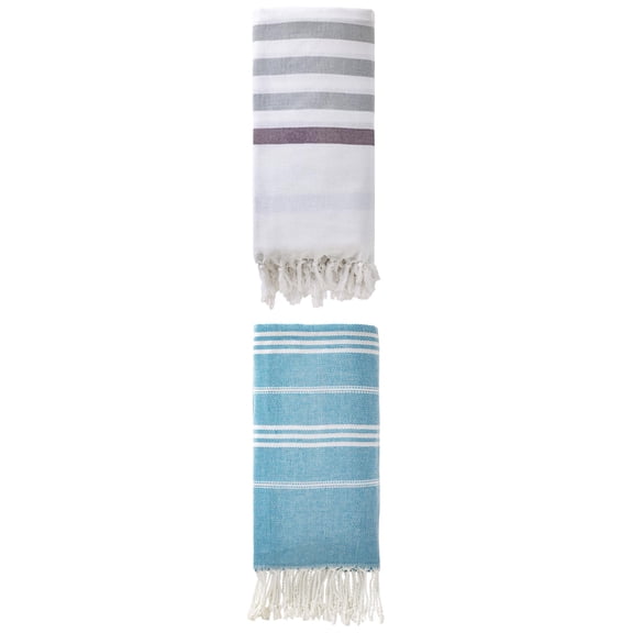 Unique Bargains 2 Pack Tassel Turkish Beach Towels Blue 71"x40"/71"x35"