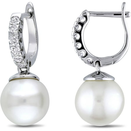 Miabella 9-9.5mm White Cultured Freshwater Pearl and 1/4 Carat T.W. Diamond 10kt White Gold Cuff Earrings