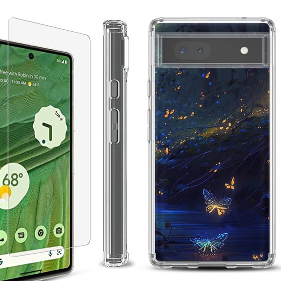 Shockproof Bumper Phone Case for Google Pixel 6a, with Tempered Glass Screen Protector, by OneToughShield ® - Fireflies Butterfly