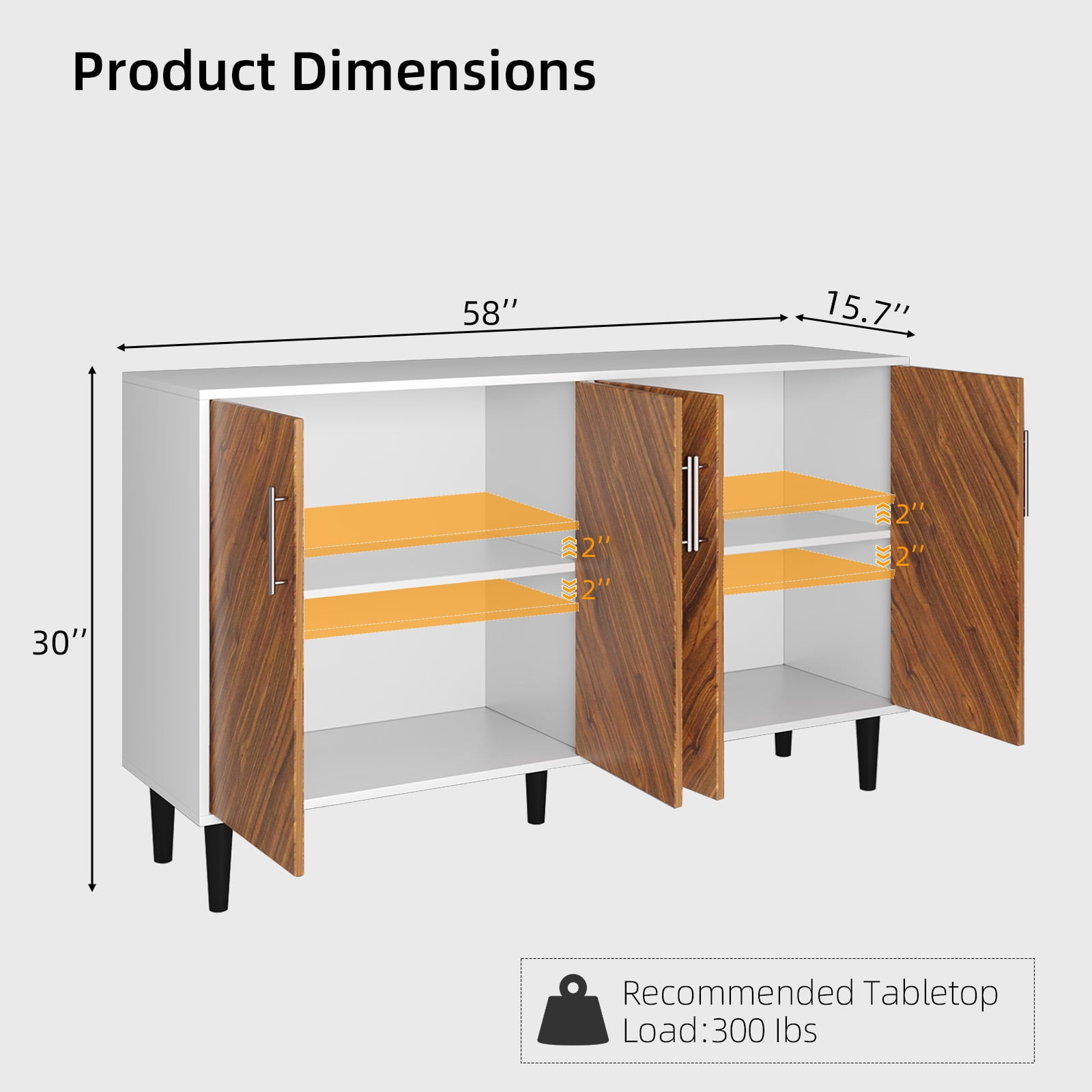 4 EVER WINNER 58" Buffet Cabinet with Storage, Vintage Sideboard with Adjustable Shelves & Metal Handle, Mid Century Modern Coffee Bar for Kitchen, Dining Room, White