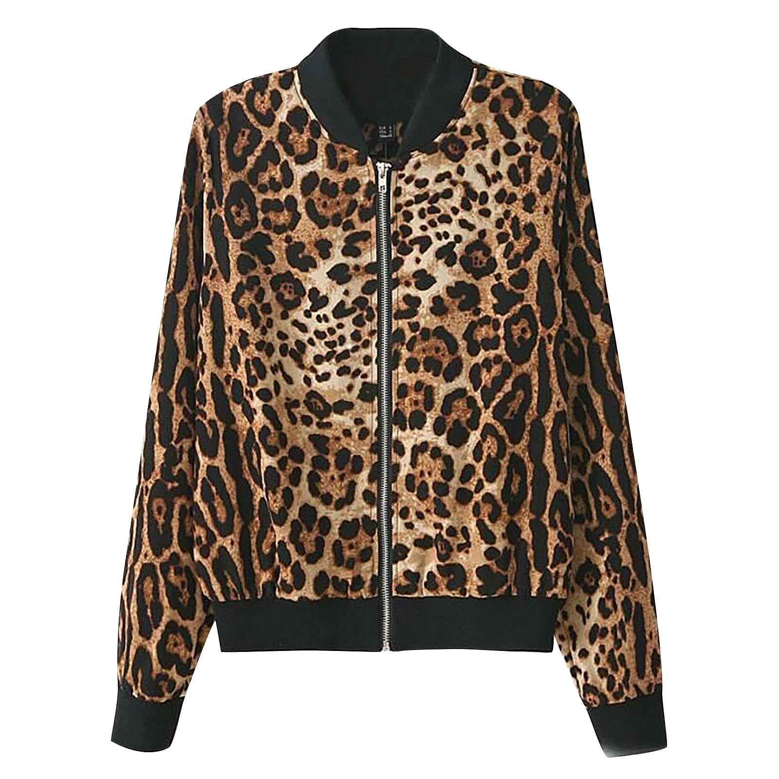 Smihono Women s Fashion Long Sleeve Leopard Print Bomber Zip Jacket Casual Tops Brown