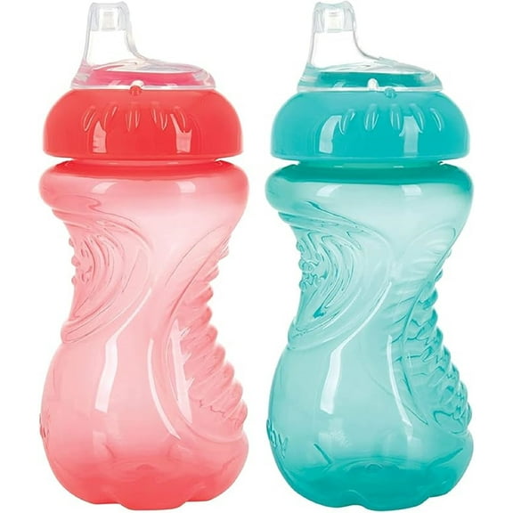 Nuby 2-Pack No Spill Easy Grip Trainer Cup, 10 oz, Coral and Aqua