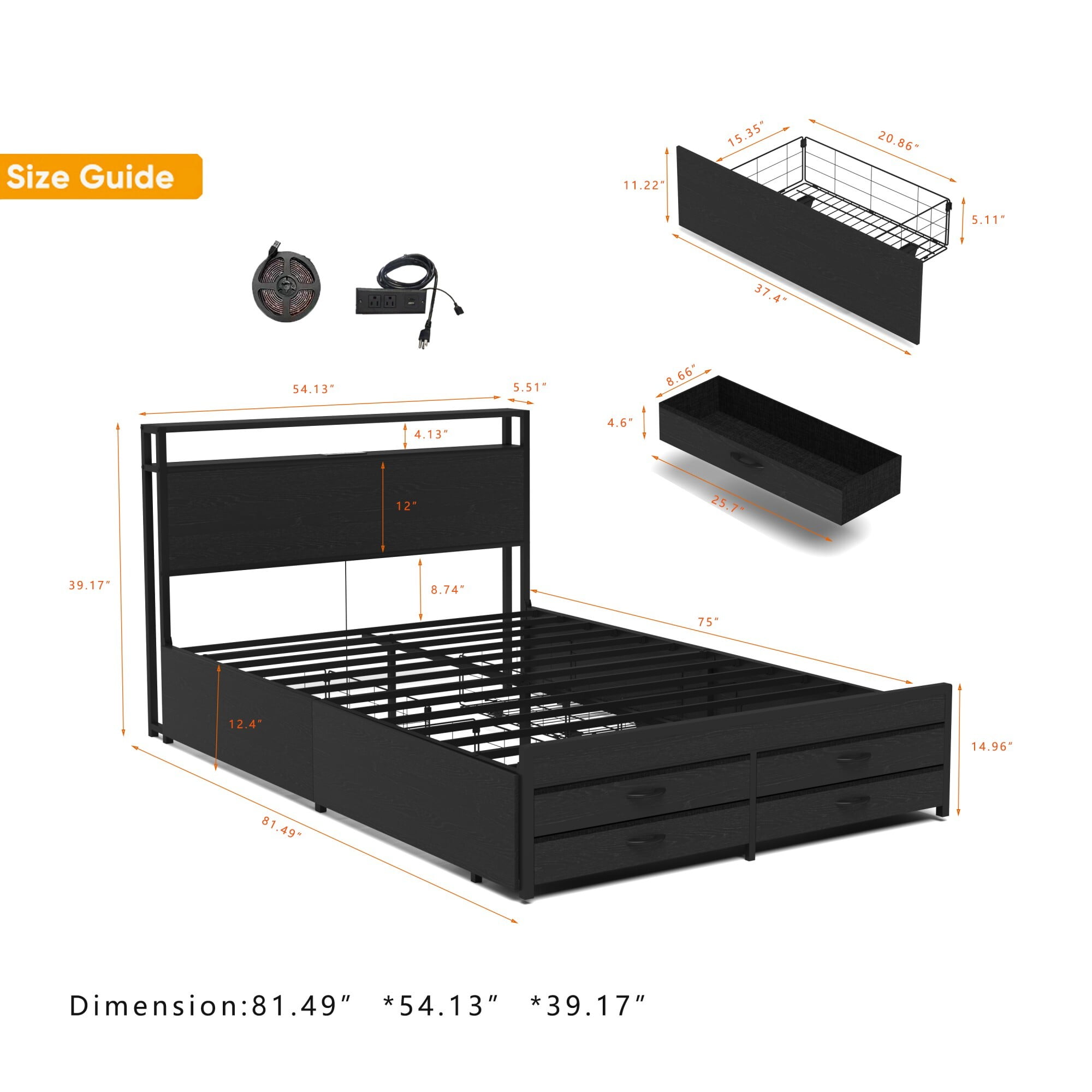 AENKYO Full Size Bed Frame with 8 Storage Drawers, Headboard with Charging Station and LED Lights, Black