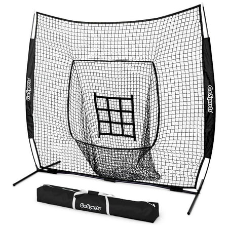 GoSports 7 ft x 7 ft Baseball & Softball Practice Hitting & Pitching Net with Bow Frame, Carry Bag and Bonus Strike Zone - Great for All Skill Levels