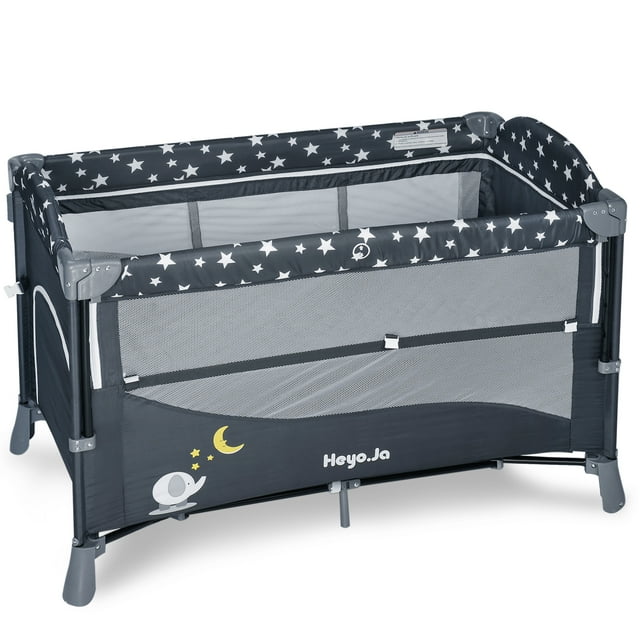 Heyo.Ja Portable Playard with Carry Bag, Baby Travel Bed, Grey