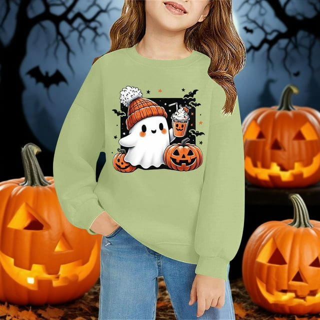 Chandail à Manches Longues à Col Rond Imprimé 2D d'Halloween Décontracté et Tendance pour Enfants Vert Pâle