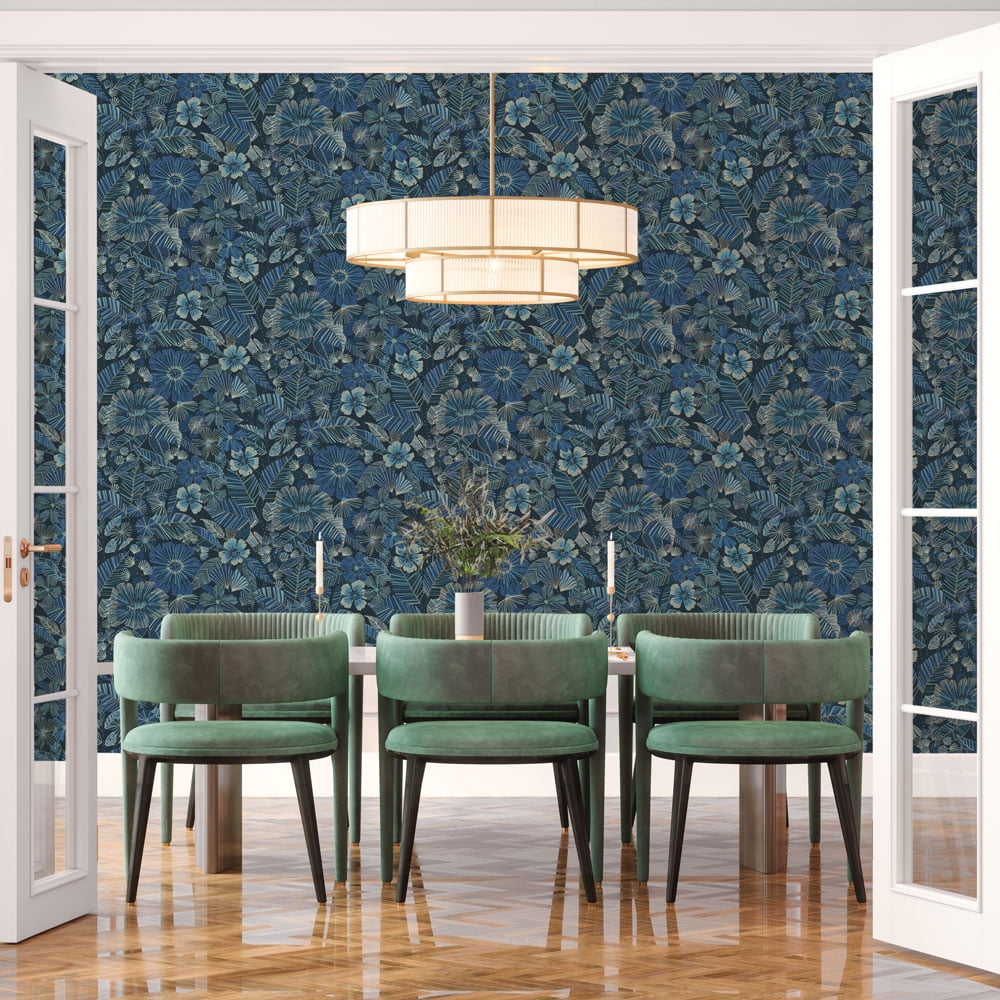 Tempaper Metallic Bloom Blue Peel and Stick Wallpaper, 20.5" x 16.5'