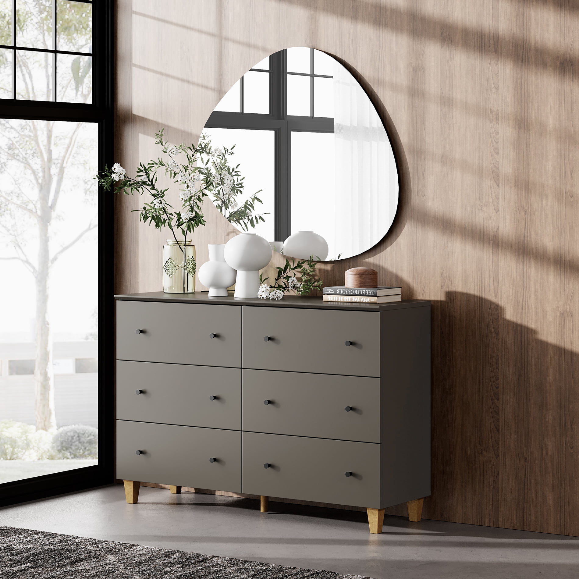 WAMPAT Dresser with 6 Drawers for Bedroom, Modern Wood Wide Double Dressers with Chest of Drawers, Dark Grey