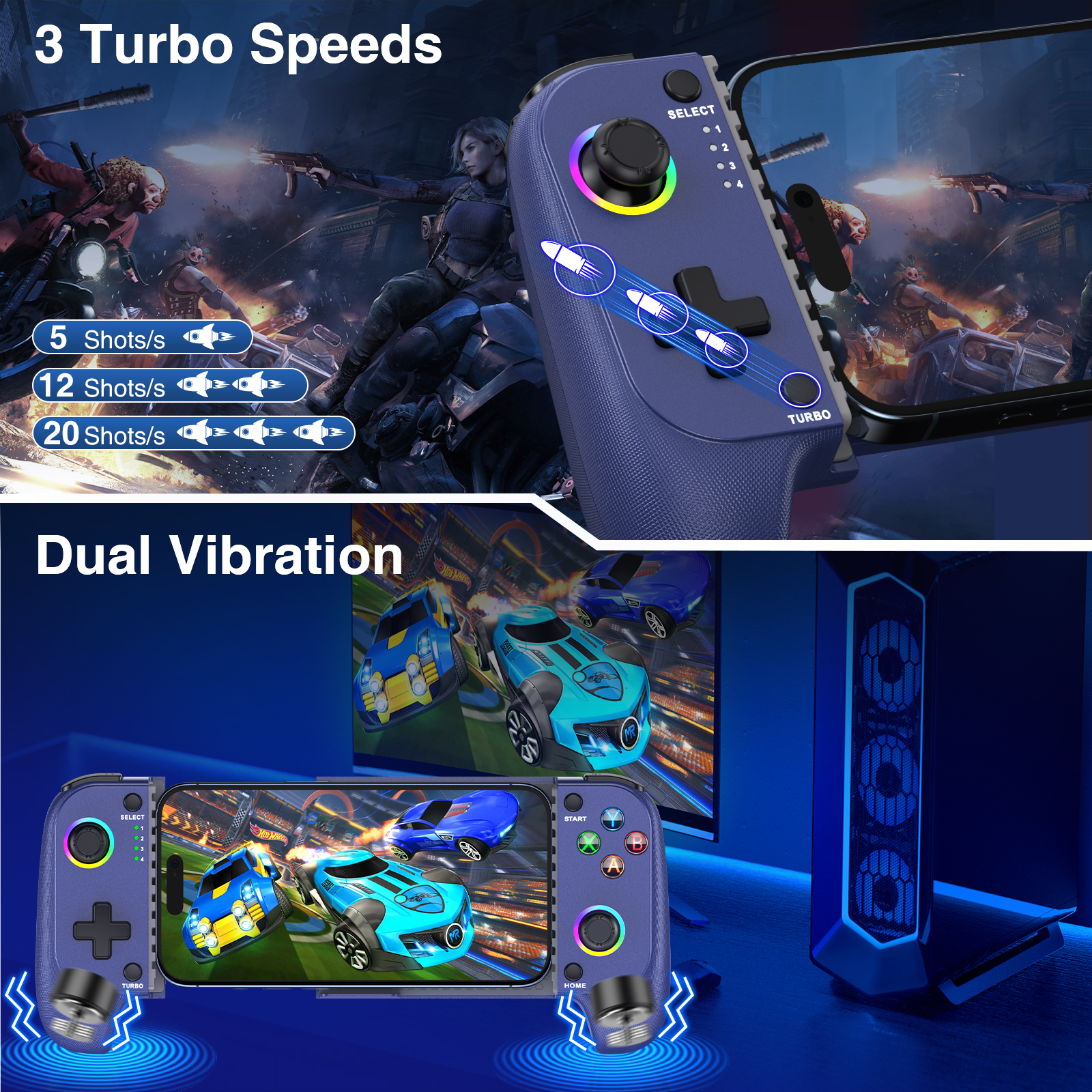 Controlador de Juegos Móvil para iPhone y Android, Controlador Inalámbrico QQV con RGB, Botones Traseros Programables, Diseño Extensible, Azul 2