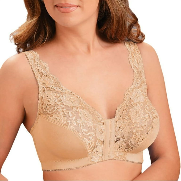 Sksloeg Bras for Women No Underwire Push Up Front Closure Wirefree Lace  Mesh Bras V-Neck Plus Size Bras Back Support Posture 3/4 Cup Bras,Beige