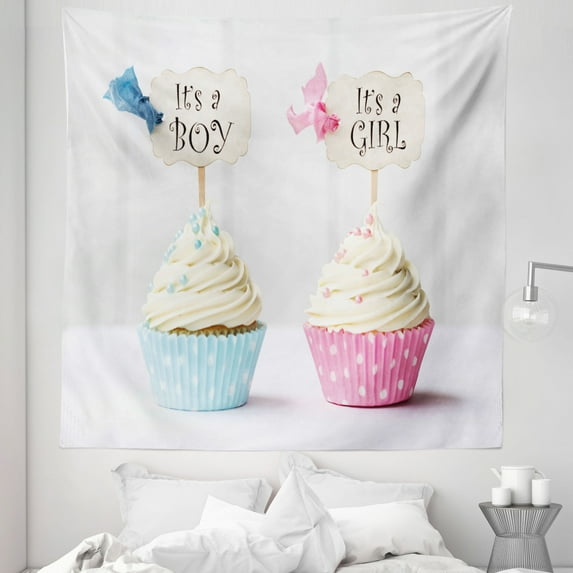 Pink and Blue Tapestry, Boy and Girl with Cupcakes Yummy Chocolate Celebration Theme, Fabric Wall Hanging Decor for Bedroom Living Room Dorm, 5 Sizes, Pale Blue and Pink Cream, by Ambesonne