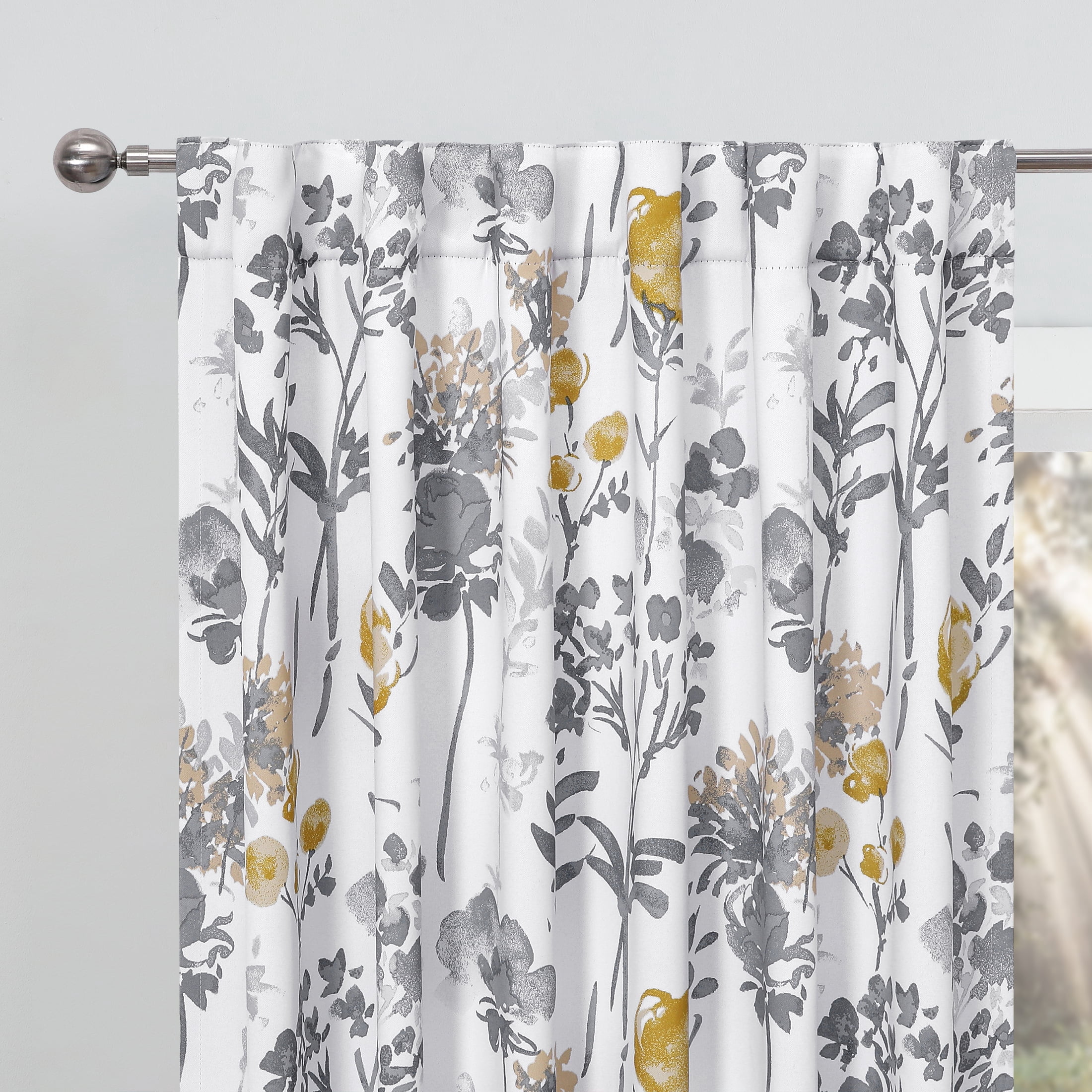 Decoultimatex Watercolor Gray Yellow Floral Full Blackout Window Curtain Panels for Living Room Energy Efficient Thermal Insulated Rod Pocket Drapes, 52"x 84"x 2