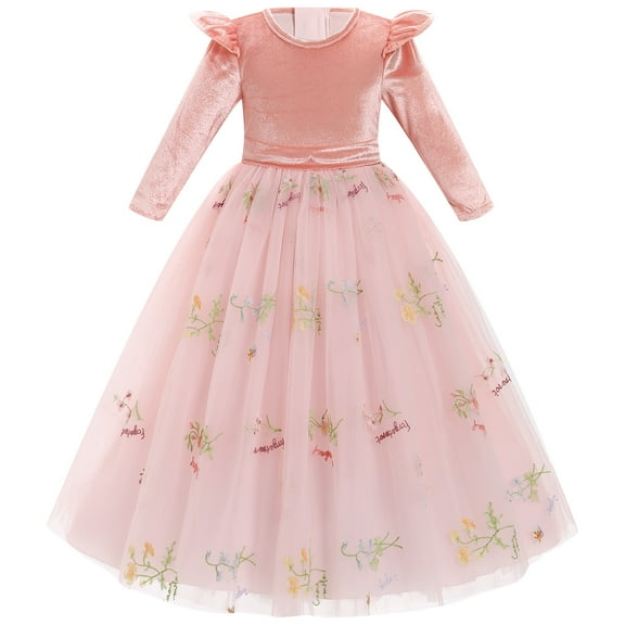 IDOPIP Flower Girls Dress Fall Winter Long Sleeve Embroidery Velvet Tutu Dress Wedding Pageant Ball Gown