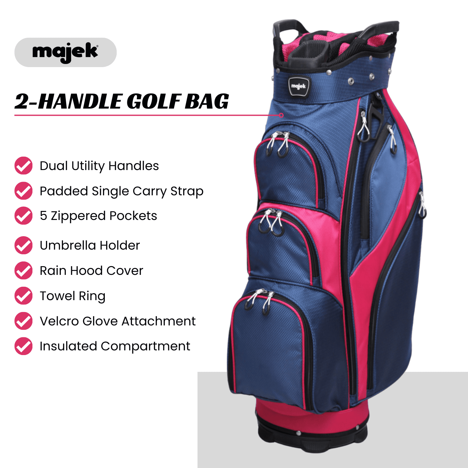 Majek Premium Ladies Navy Blue Pink Golf Bag 9.5 inch 14-way Friendly Separator Top with Putter Sleeve