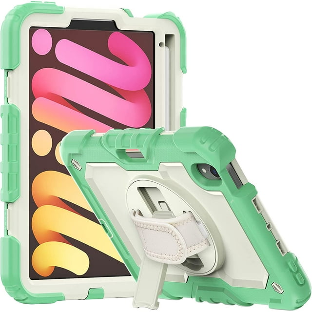 navor Rugged Cover Compatible with iPad Mini 6 (2021), Rotatable Kickstand Shoulder & Hand Strap Shockproof Heavy Duty Protective Case