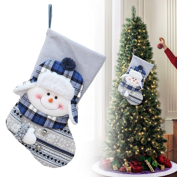CSSJKYJ 1 Pack Jumbo 3D Christmas Stockings, Extra Large 18'' Xmas Socks for Fireplace Mantel Decor, Holiday Hanging Stockings Set for Gifts (Plaid Snowman)