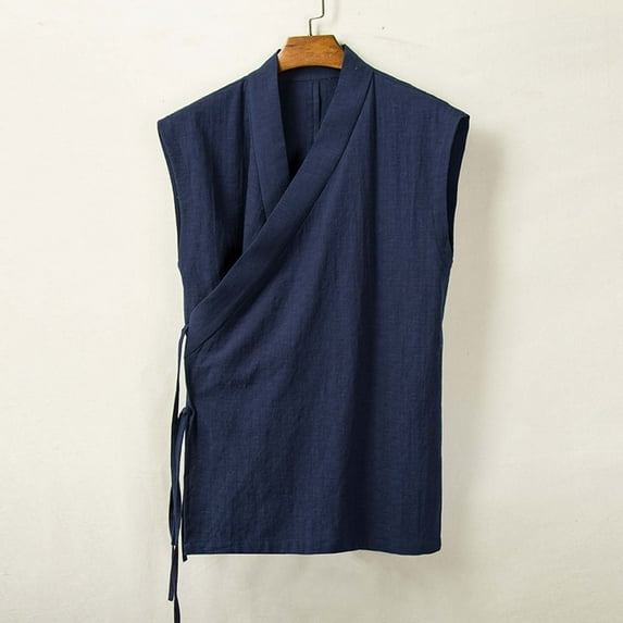 XIAOCHA Men's Linen Blend Vest Wrap Front Tie Closure Top Breathable Minimalist Casual Shirt