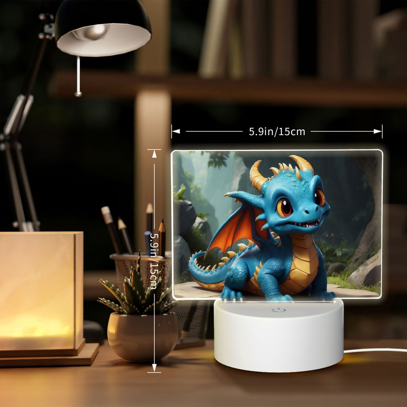Hirioo Adorable Blue Baby Dragon for Rectangular Acrylic with Night Light Best Gifts for Lover Girl Mom, Valentine's Day Anniversary Birthday Wedding Present