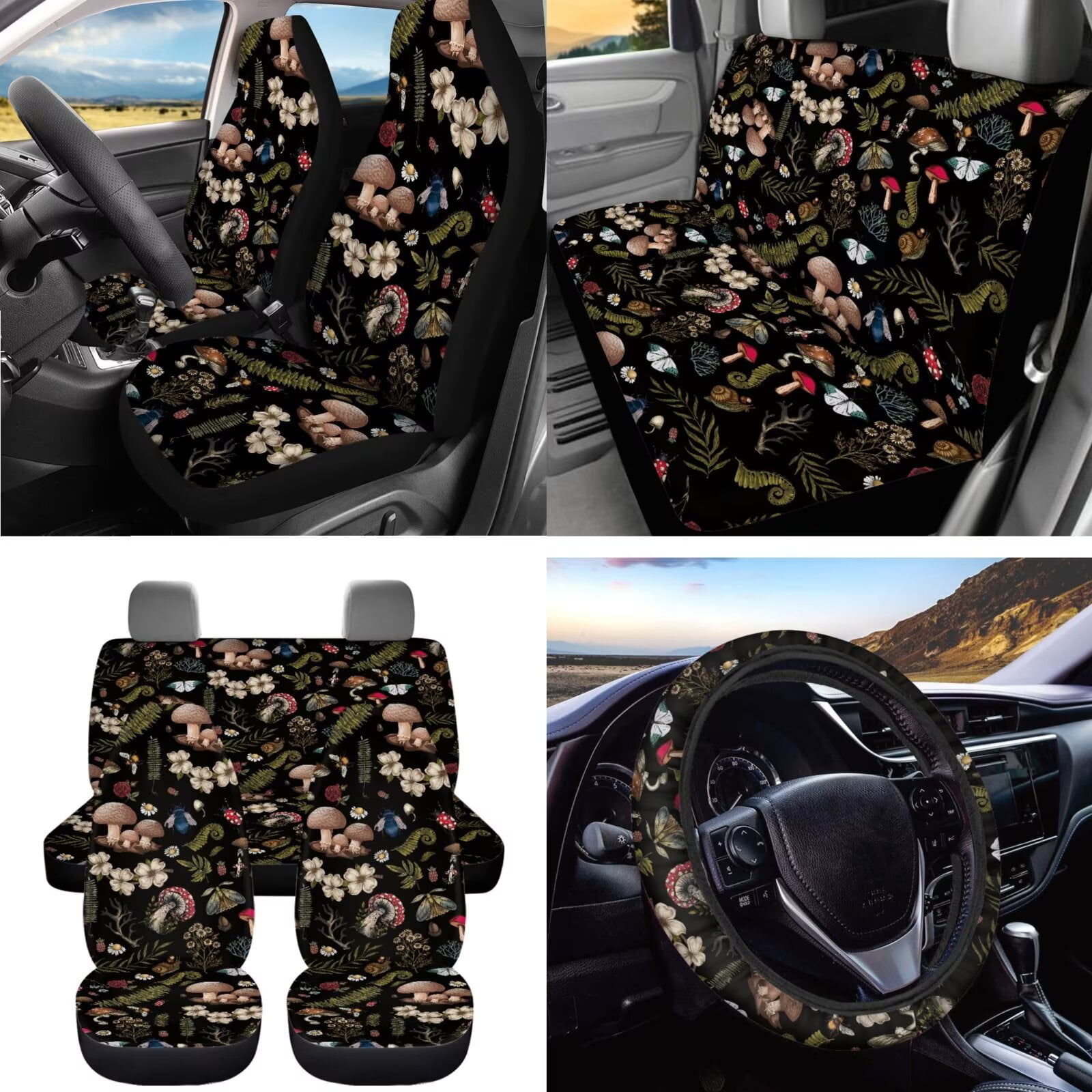 Uorisanigo Aesthetic Mushroom 15 PCS Car Seat Cover Full Set, Universal Front and Back Seat Covers Steering Wheel Cover Seat Belt Strap Pads Coaster Trash Bin Air Vent Pouch Keychain Rearview Cover