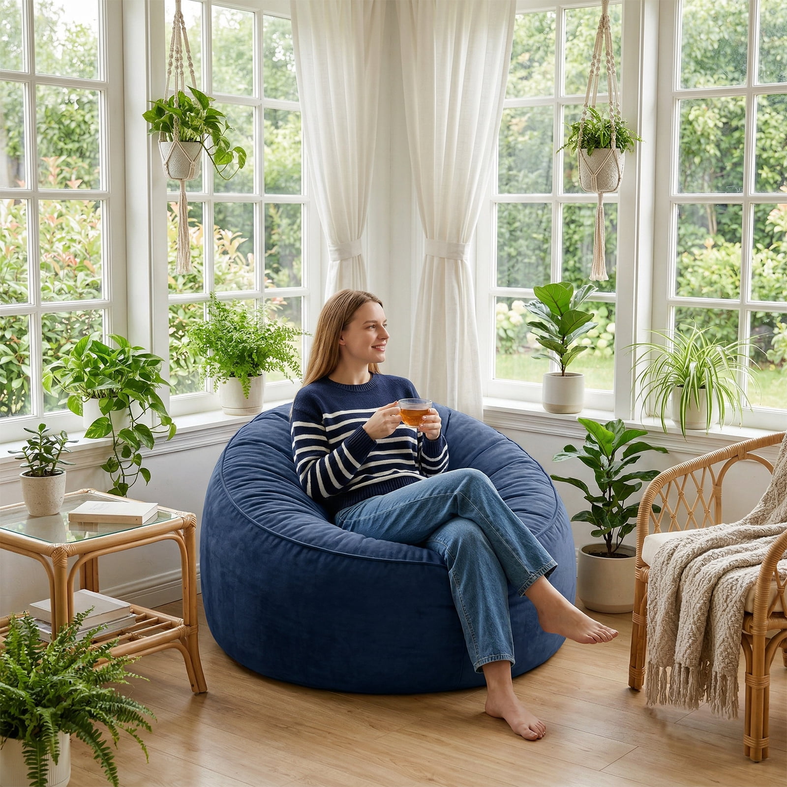 VIREO 3FT Bean Bag Chairs for Adults Memory Foam Filler Beanbag Chair with Removable and Washable Flannel Cover, Lazy Chairs for Living Room - Blue