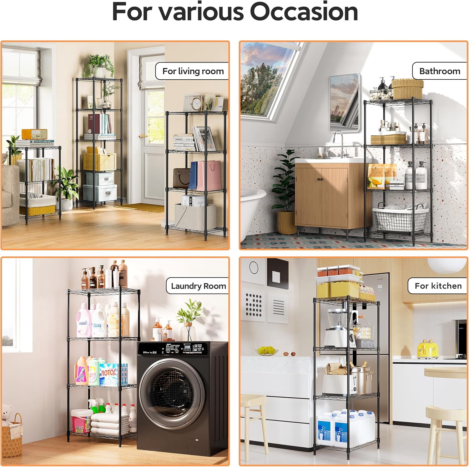 M MZG 4-Tier Metal Storage Rack, Shelving Unit with for Home, Kitchen, Living Room, Bathroom (Black, 4 Tier，11.8" D × 17.7" W× 41.9" H)