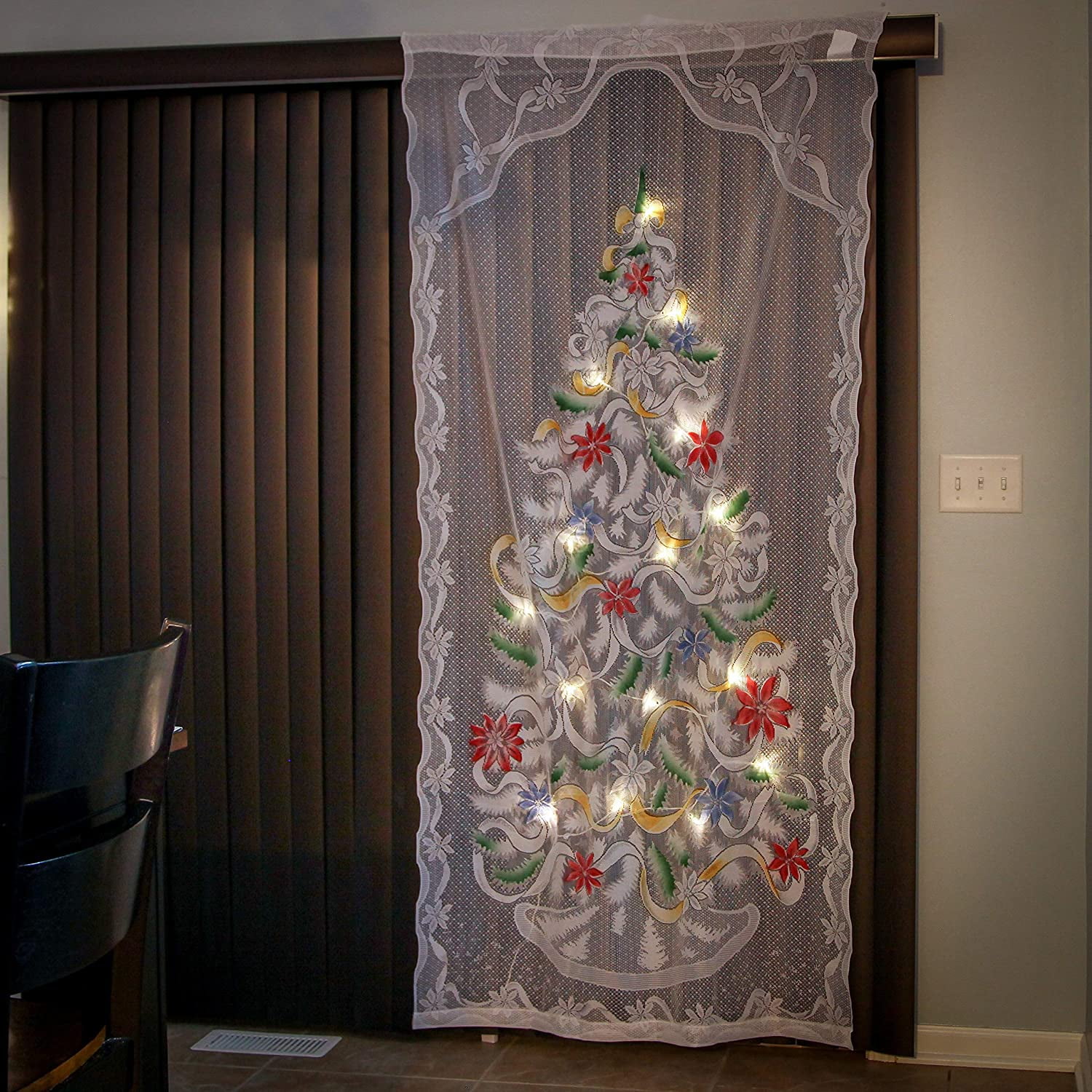 Lighted Christmas Tree Curtain Panel, White, 40"W x 84"L