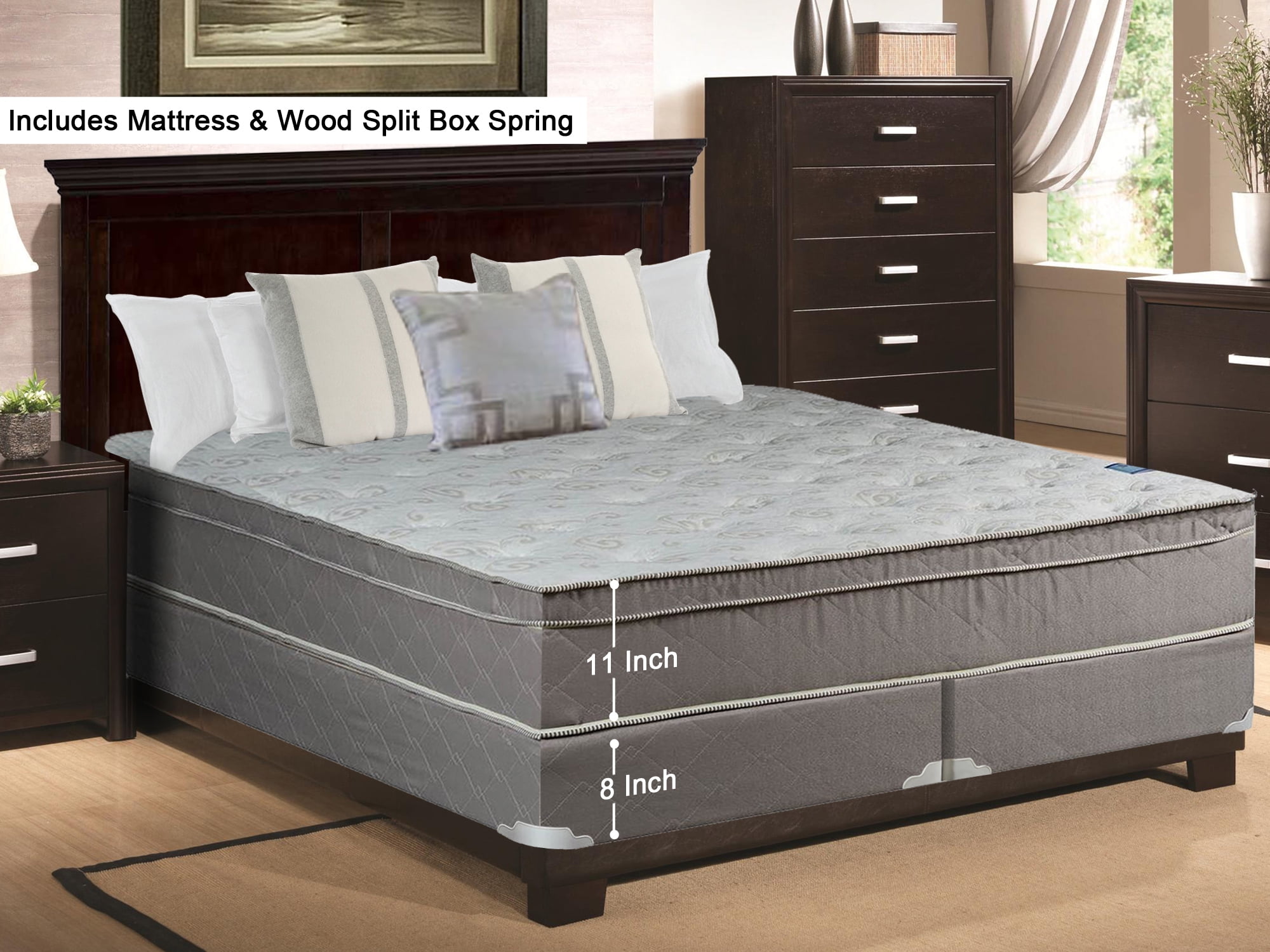 Wayton 11 Meduim Plush Foam Encased Hybrid Eurotop Pillowtop Encased Hybrid Eurotop Pillowtop Innerspring Mattress And Wood Traditional Box Spring Foundation Set Good For The Back California King Size 84 X 72