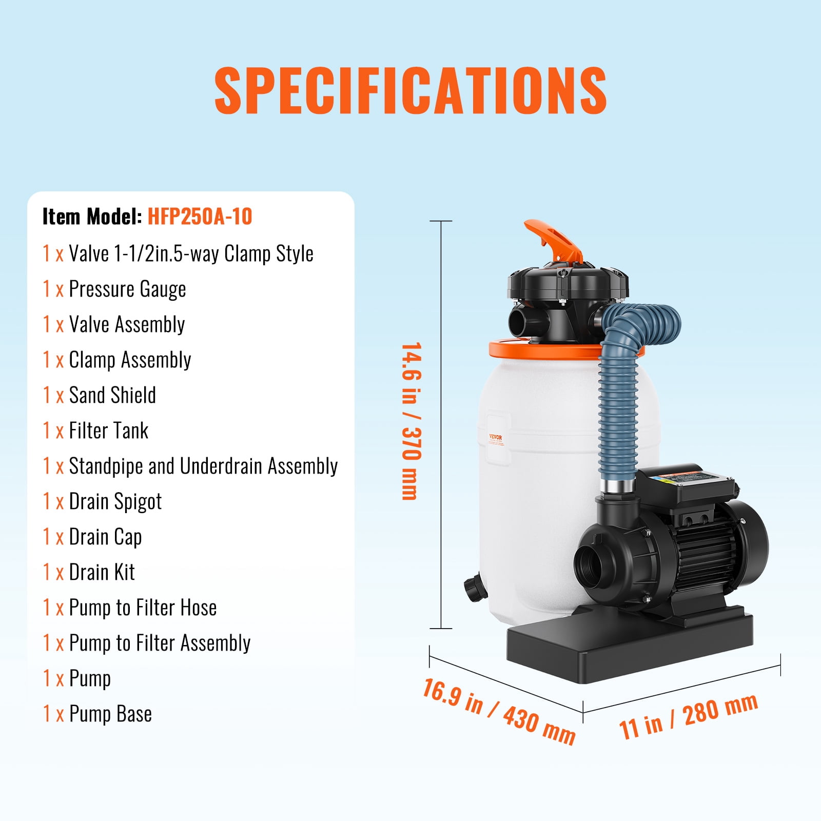 SKYSHALO Sand Filter Above Ground 0.33HP Pool Pump 1585GPH Flow 10" 5-Way Valve