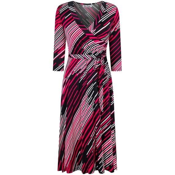 Bon Rosy, Women's, 3/4 Sleeve Faux Wrap Midi Dress Knee Length, Fuchsia, S
