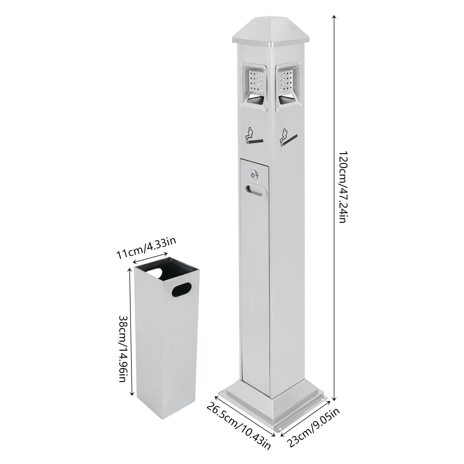 Miumaeov Metal Vertical Trash Bin Cigarette Butts Collector with Inner Barrel Outdoor/ Indoor Trash Can Container Silver