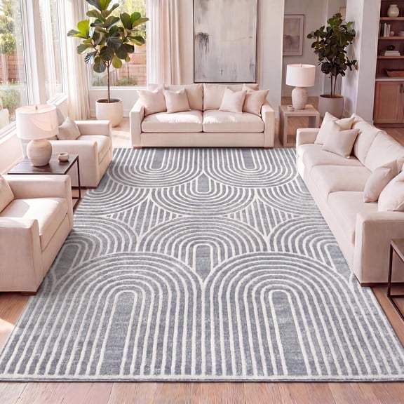 JONATHAN Y SANDSTONE 3 x 5 Area Rug, Ariana Art Deco Striped Arches Two-Tone - Blue/White, SND100C-3