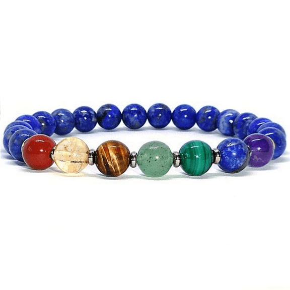 Natural 7 Chakra Stone & Lapis Lazuli 8mm Round Shape Smooth Cut Beads Stretchable Bracelet for Men & Women.