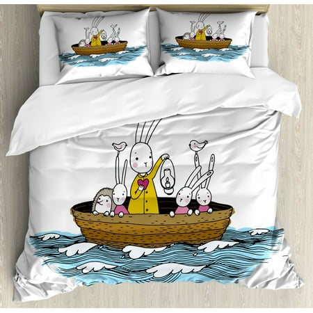 Kids Queen Size Duvet Cover Set Cartoon Style Hare Family And A