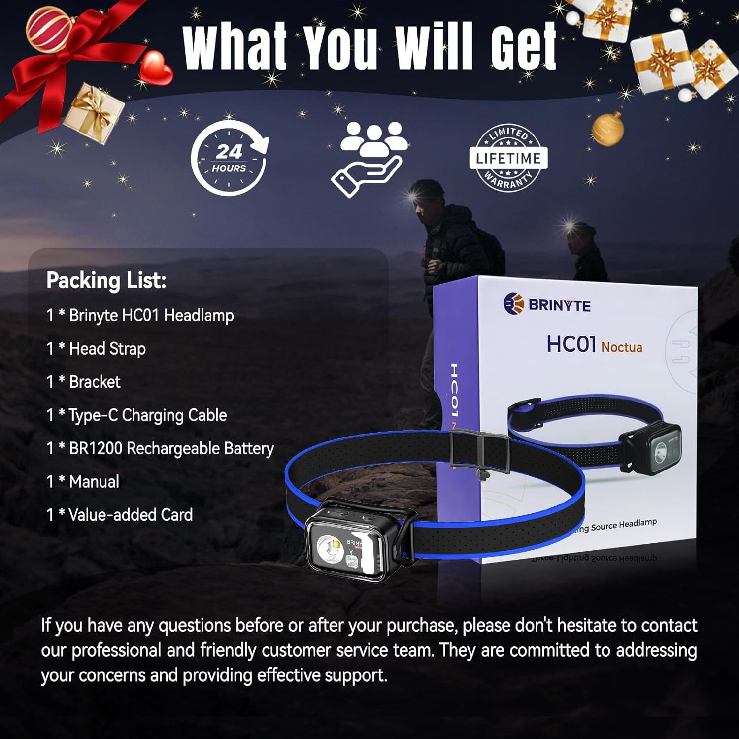 Brinyte HC01 Rechargeable Waterproof Headlamp, 1000 Lumens Super Bright Headlight, Adjustable Headband Night Light with Red Light, Outdoor Camping flashlight  Gear Accessories for Hiking & Running