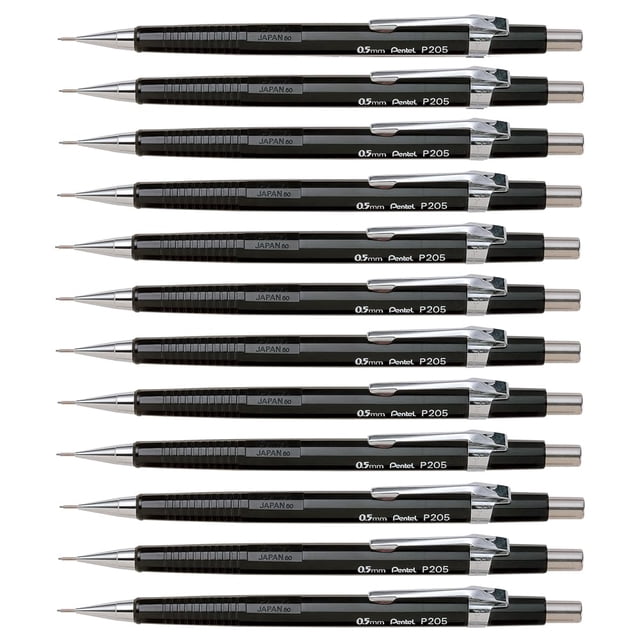Lápiz Mecánico Pentel P205 0.5mm Cuerpo Negro Paquete de 12