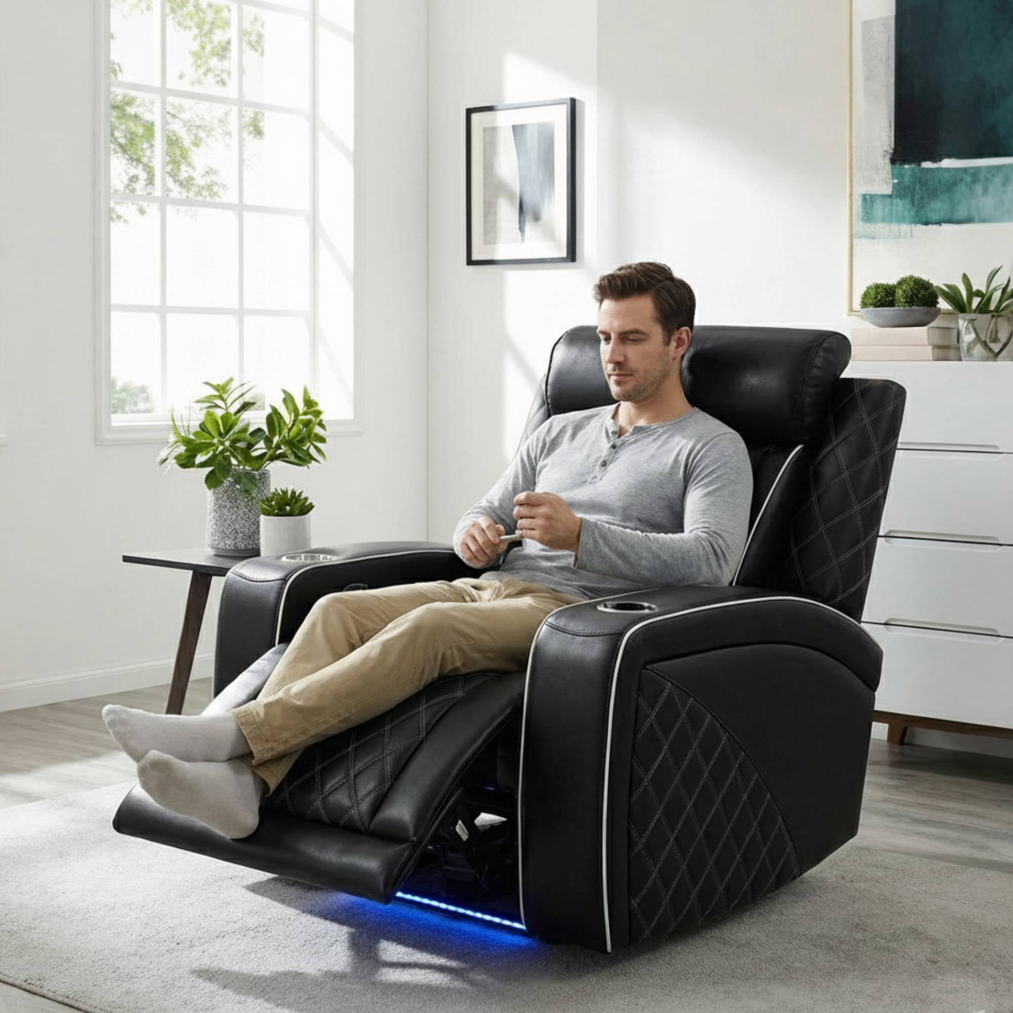 Electric Power Recliner Chair with USB Ports and Cup Holders, Breathable Leather Home Theater Seating for Living Room, Black