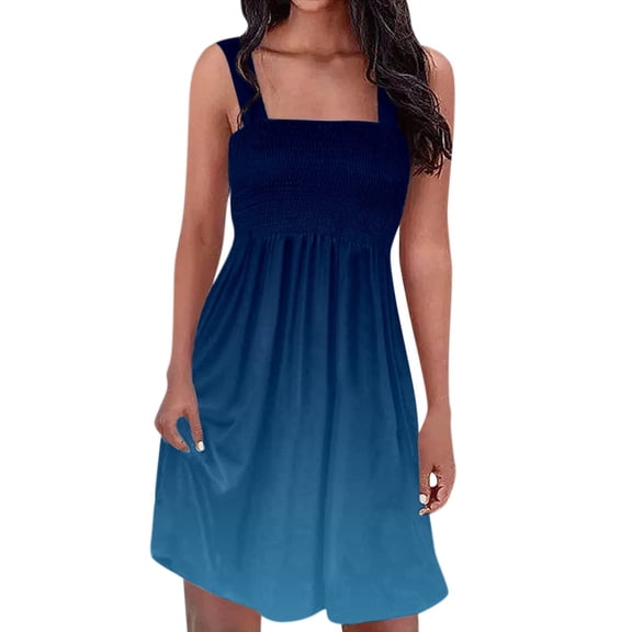 USSUMA Summer Feather Tie-dye Print Tshirt Dresses for Women Trendy Womens Square Neck Sleeveless Midi Sun Dresses Plus Sling Pleated Swing Knee Length Sundress Beach Vacation Casual Dress